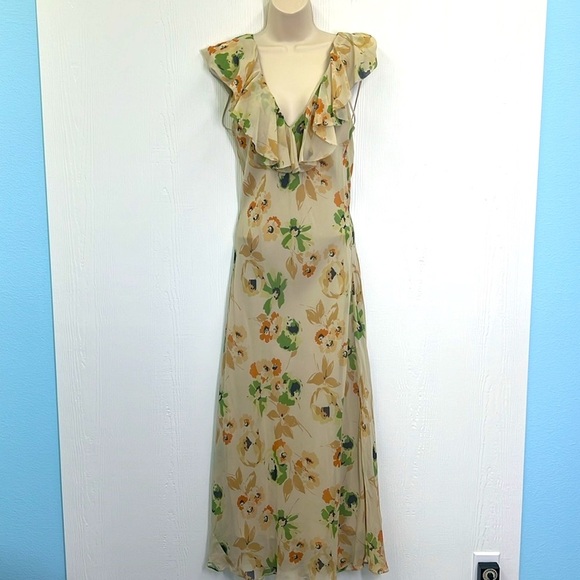 Polo Ralph Lauren - Beige Pastel Floral Ruffle V Neck Sleeveless Maxi Dress SZ 8 - Picture 4 of 12